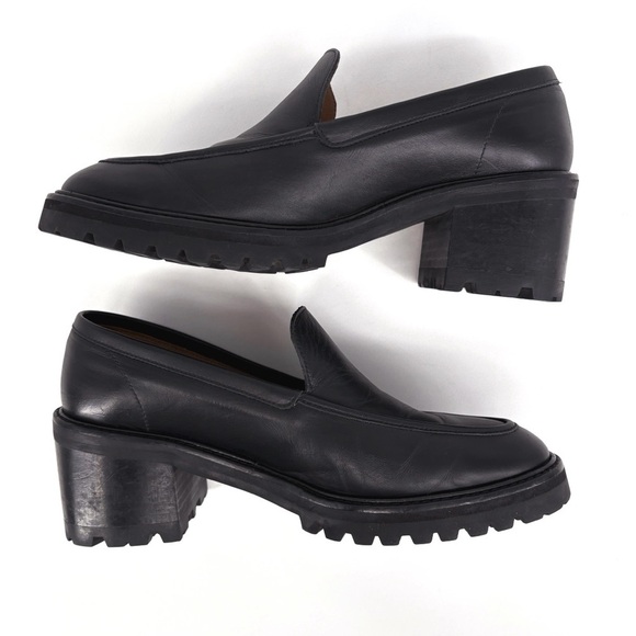 FLATTERED | Saga Black Leather Chunk Lug Sole Heeled Loafers | Sz 10 - Picture 11 of 16